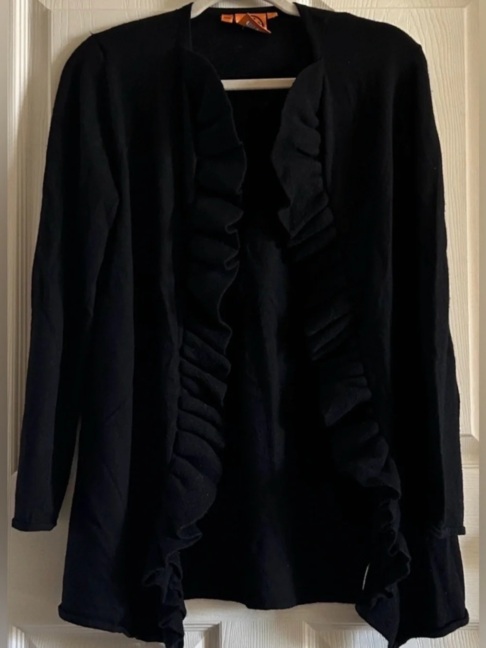 Tory Burch Black Merino Wool Ruffle Trim Open‎ Front Cardigan Sweater Sz Med